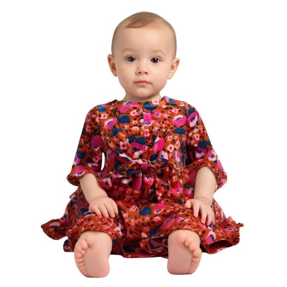 Cat & Jack Red & Pink Velvet floral Tie Front Dress 12M - Picture 1 of 7